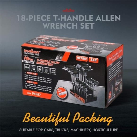18-Piece T-Handle allen wrench set, Inch/Metric Long Arm Ball End Hex Key Wrench - Picture 3 of 7